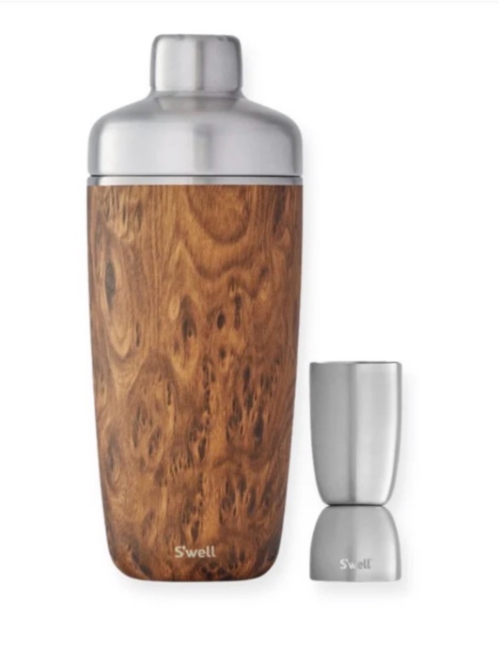 S'well ‘Teakwood’ Woodgrain Stainless Cocktail Shaker & Jigger - Brown NWT